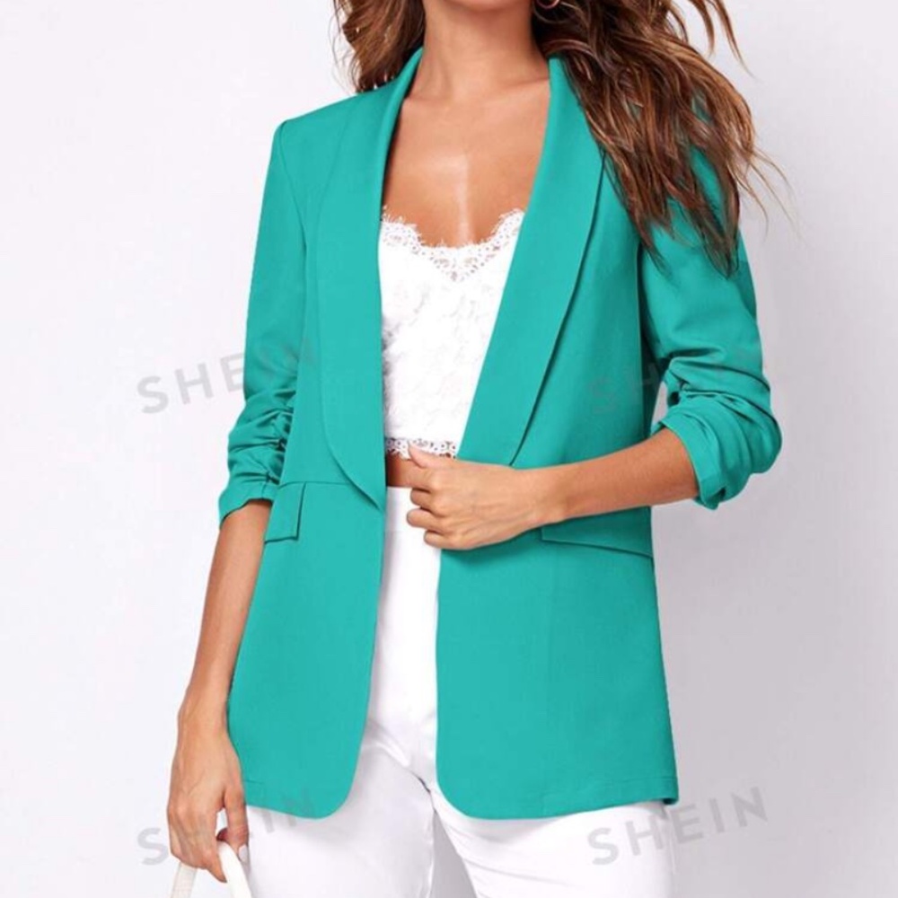 Ruched sleeve teal blazer